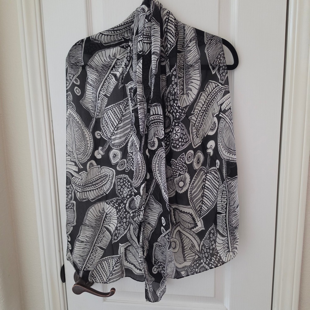 Vintage Silk Scarf Black White Botanical Leaf Print Sheer Oblong Wrap 18x60